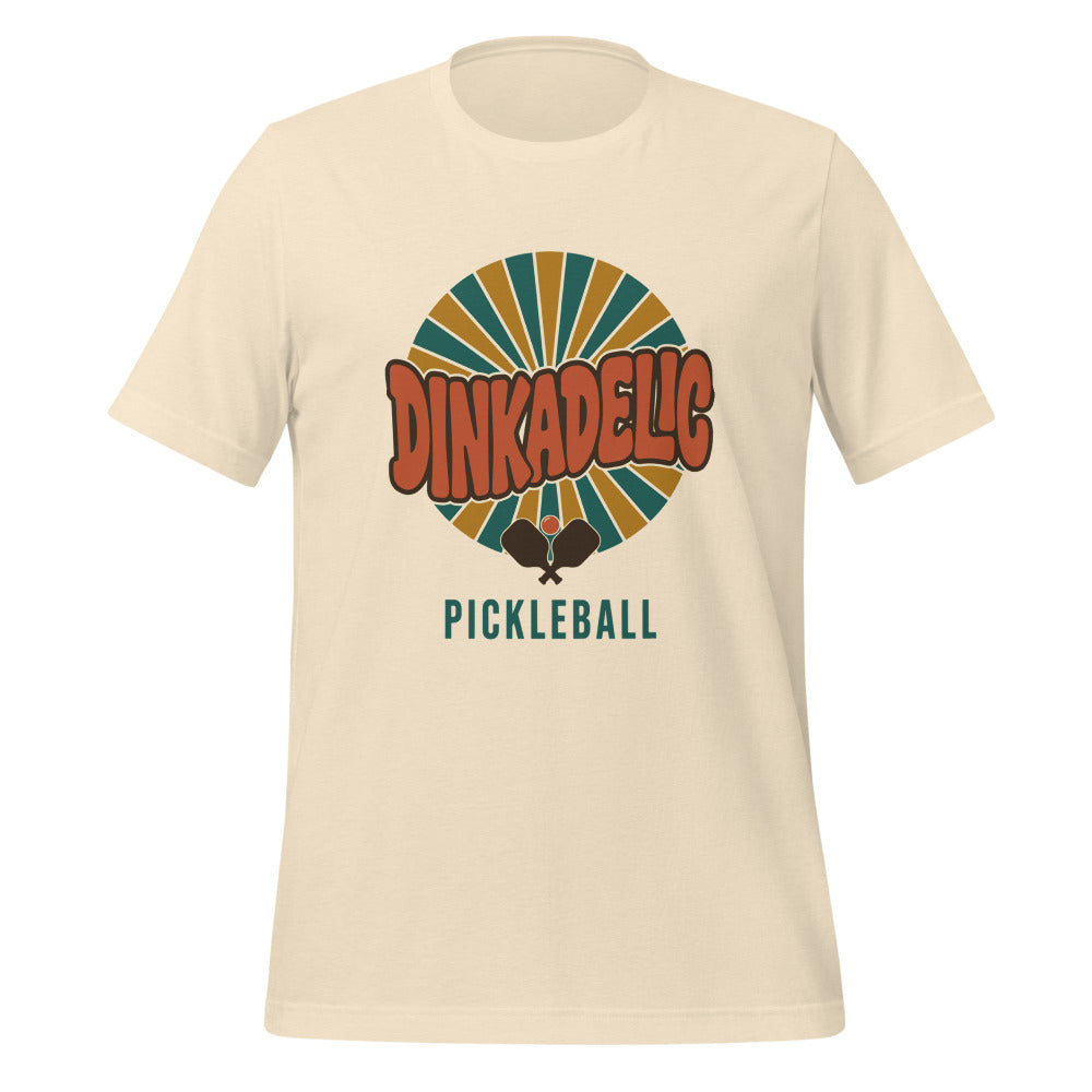 Dinkadelic retro 70s pickleball tee — Heather Natural, front