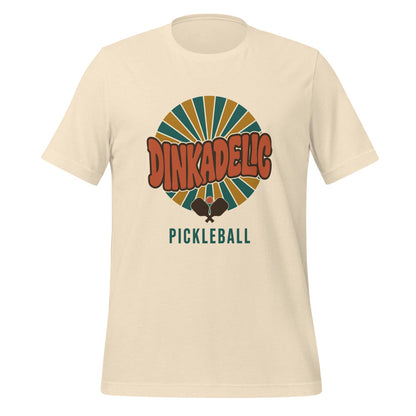 Dinkadelic retro 70s pickleball tee — Heather Natural, front