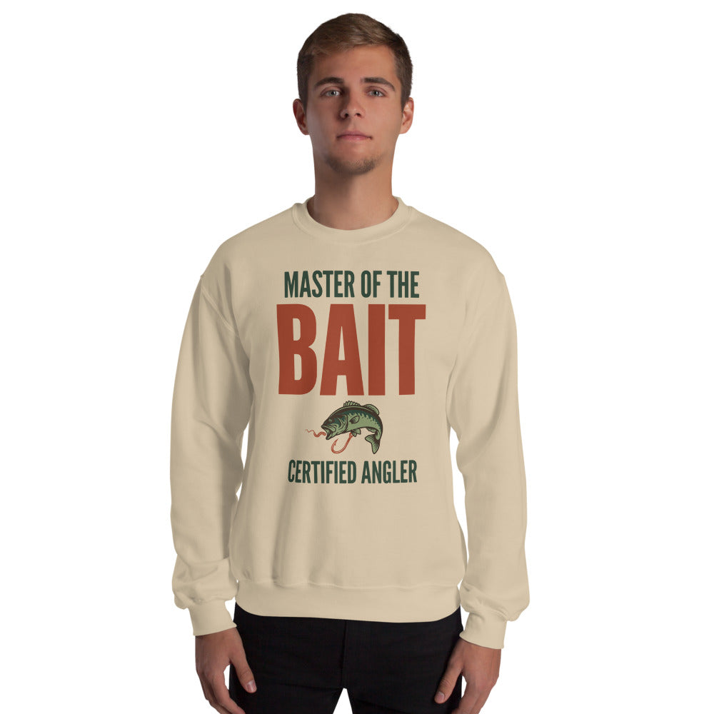 Model wearing Master of the Bait retro fishing humor crewneck sweatshirt — Sand