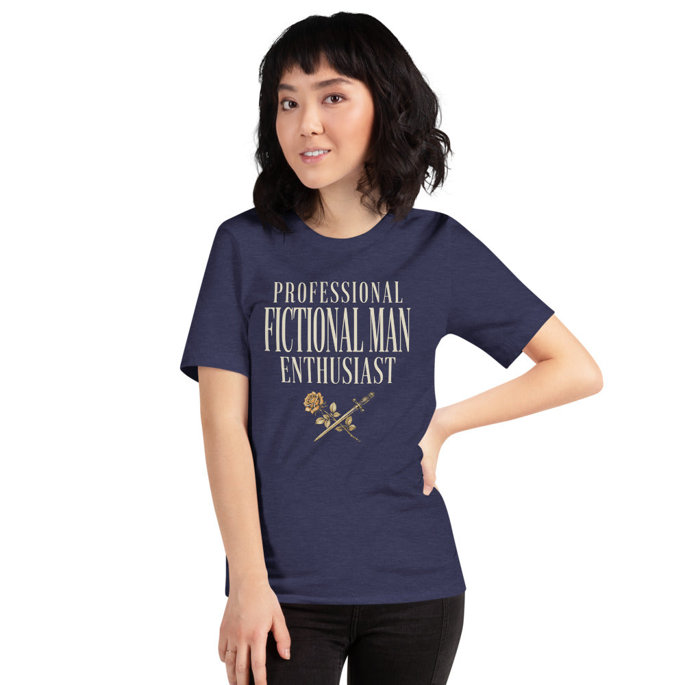 Professional Fictional Man Enthusiast book lover dark academia tee — Heather Midnight Navy, on model