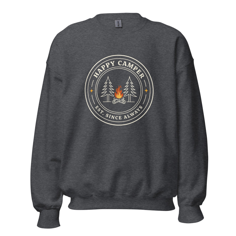 Happy Camper retro camp badge crewneck sweatshirt — Dark Heather, front