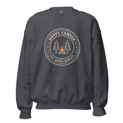 Happy Camper retro camp badge crewneck sweatshirt — Dark Heather, front