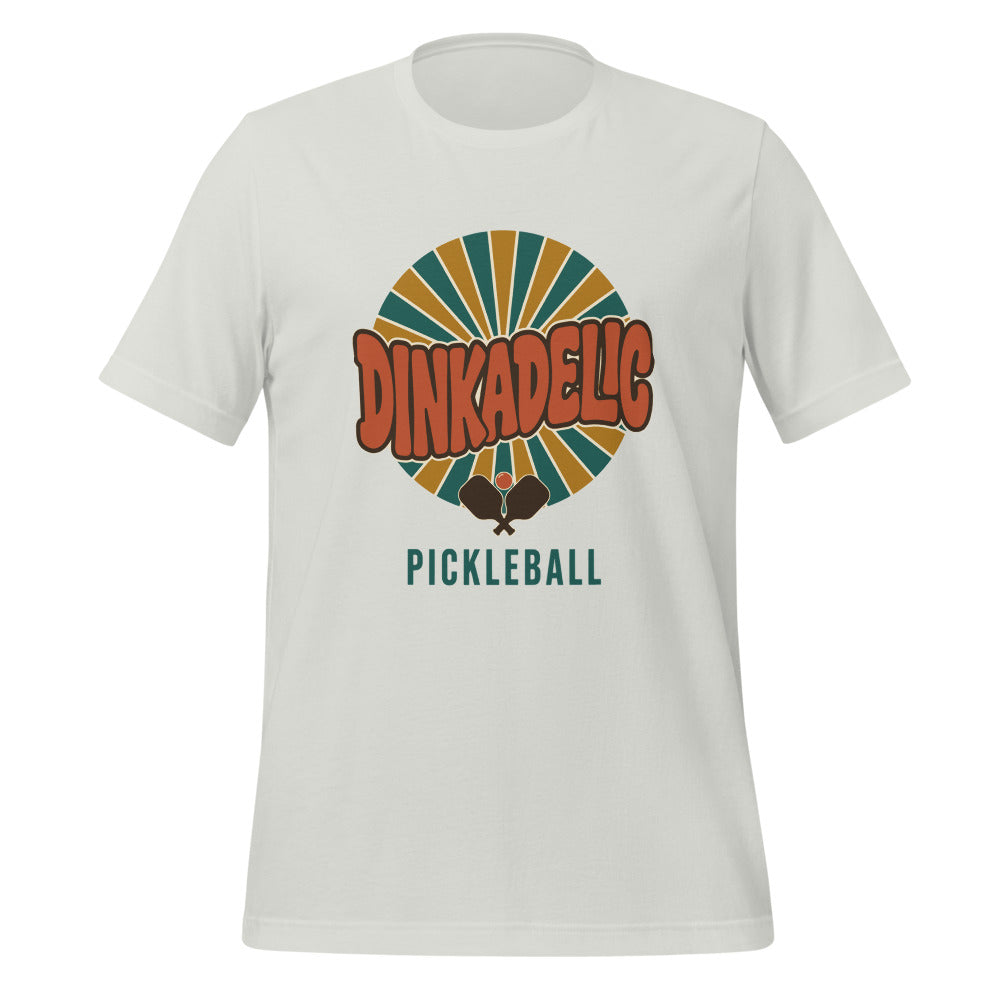 Dinkadelic retro 70s pickleball tee — Silver, front