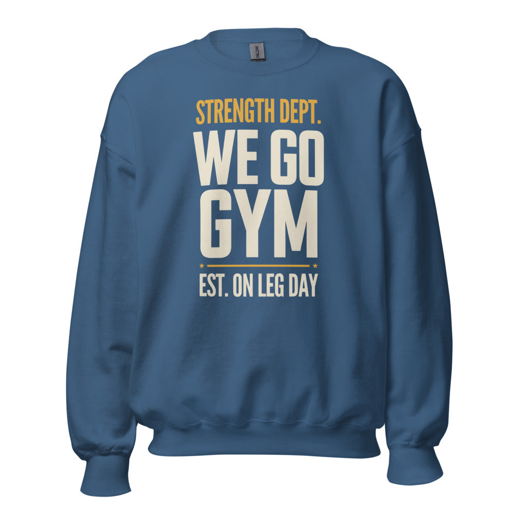 We Go Gym vintage athletic crewneck — Indigo Blue, front