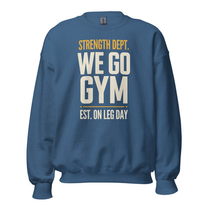We Go Gym vintage athletic crewneck — Indigo Blue, front