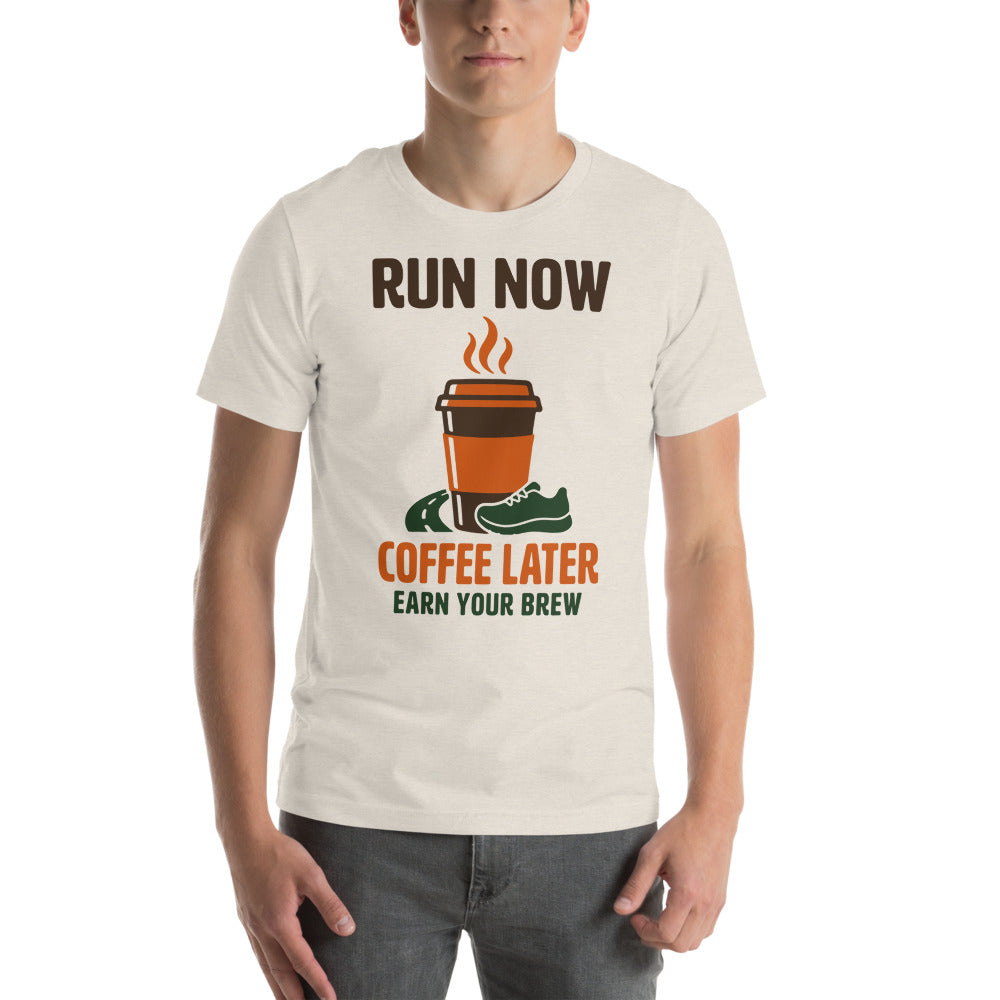 Run Now Coffee Later funny running tee — Heather Dust, on model