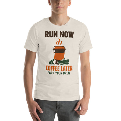 Run Now Coffee Later funny running tee — Heather Dust, on model