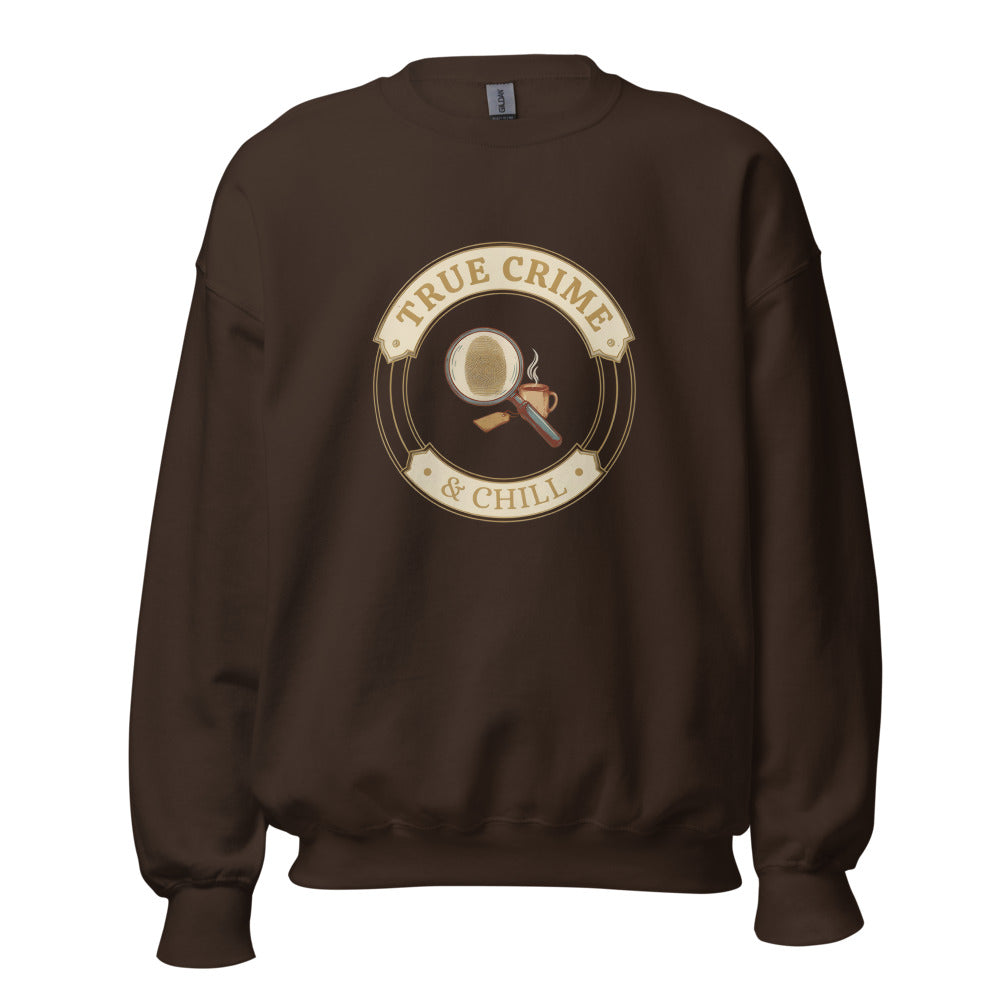 True Crime and Chill crewneck sweatshirt — Dark Chocolate, front