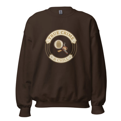 True Crime and Chill crewneck sweatshirt — Dark Chocolate, front