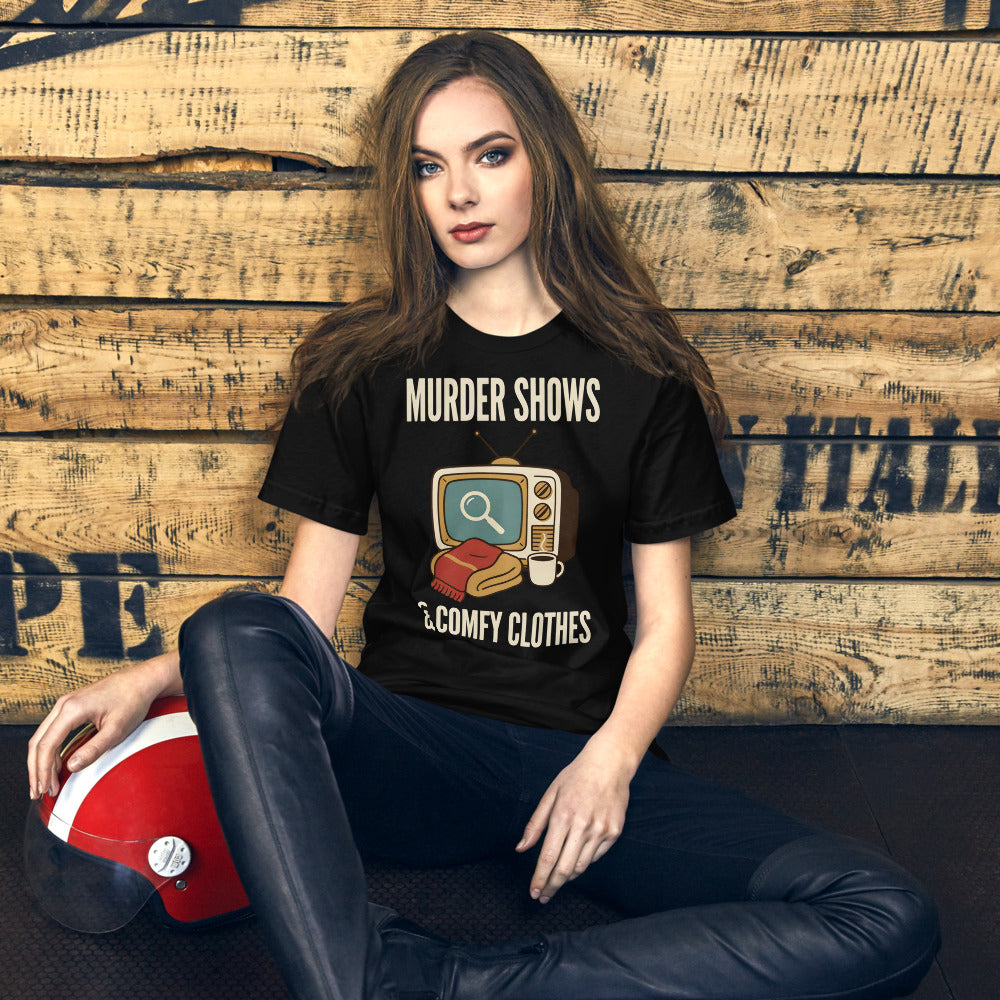 Murder Shows and Comfy Clothes cozy true crime tee — Black, on model