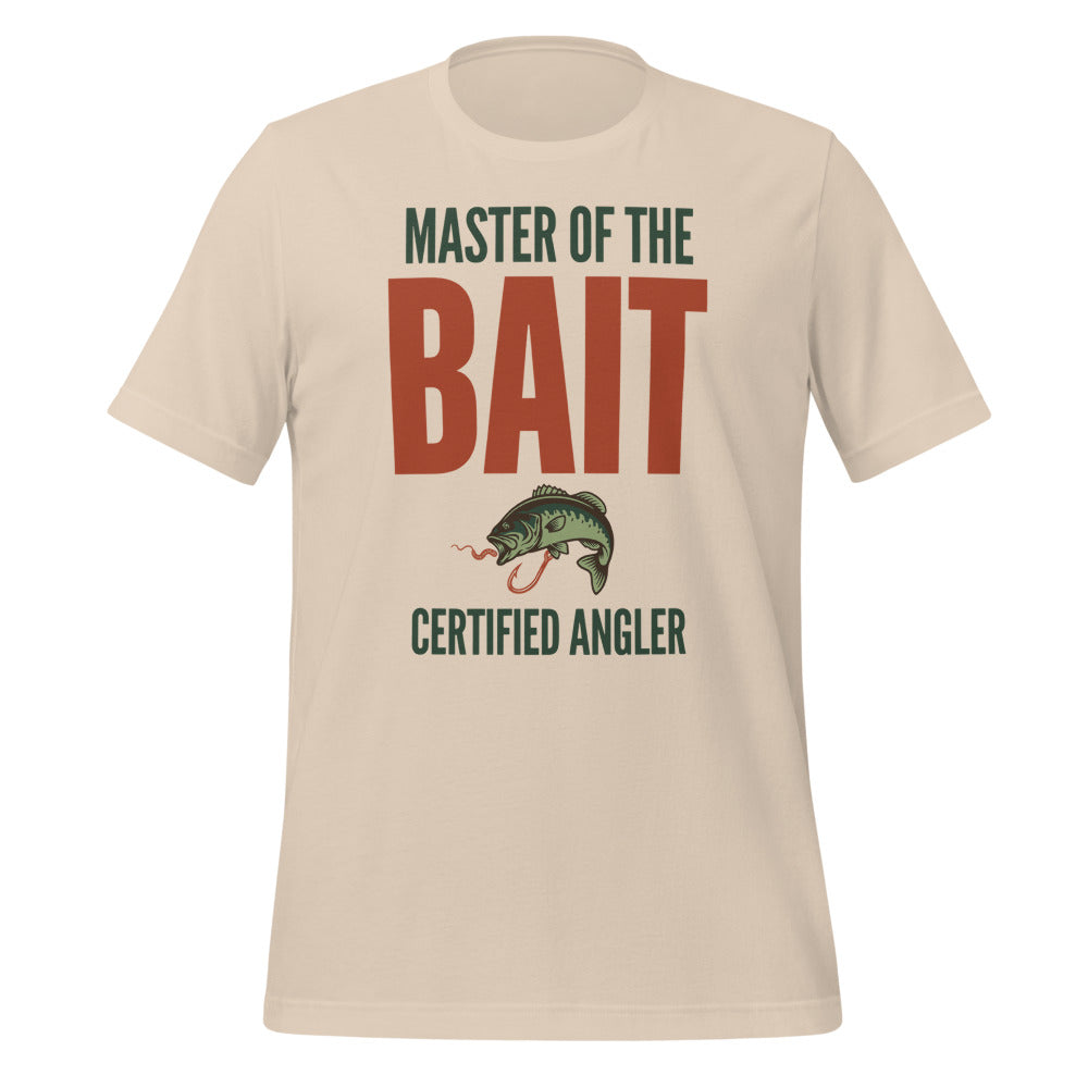 Master of the Bait retro fishing humor typography tee — Soft Cream, front