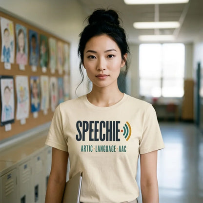 Speechie Wordmark speech therapy tee — lifestyle