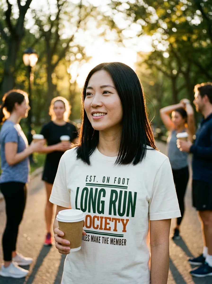 Long Run Society tee on a runner in Vintage White — golden-hour park, morning run club