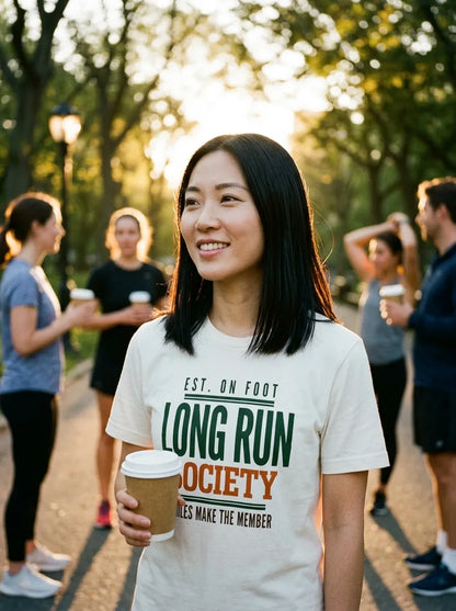Long Run Society tee on a runner in Vintage White — golden-hour park, morning run club