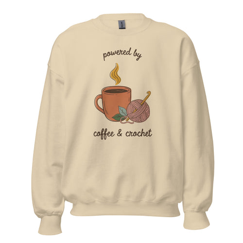 Powered by Coffee and Crochet Sweatshirt, Crochet Lover Gift, Cottagecore Crochet Crewneck — Cozy Fiber Arts Sweatshirt