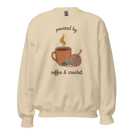Powered by Coffee and Crochet cottagecore crochet crewneck sweatshirt — Sand, front