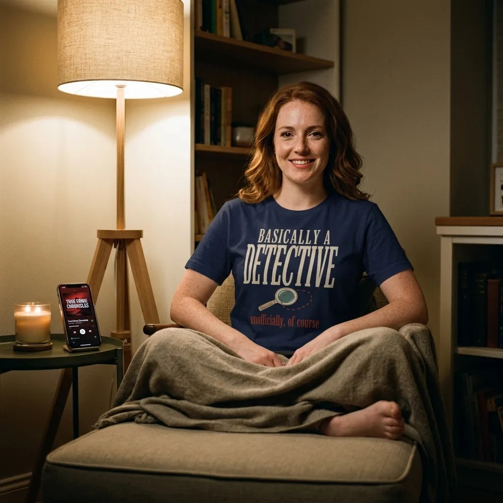 Basically a Detective true crime tee — woman with a true crime podcast in a cozy den, Navy