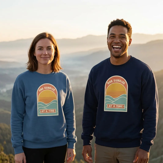 One Sunrise at a Time retro sunrise crewneck sweatshirt — lifestyle