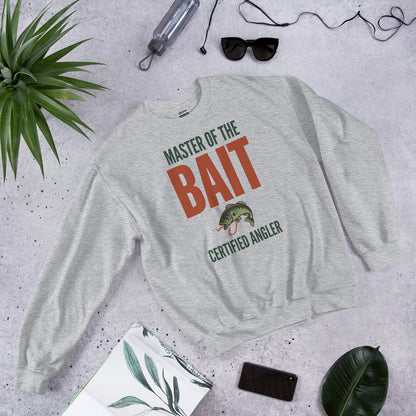 Master of the Bait retro fishing humor crewneck sweatshirt — Sport Grey, flat front