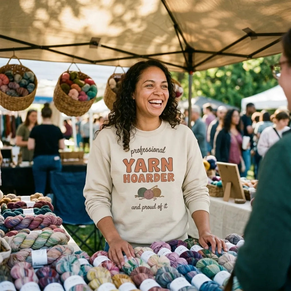 Professional Yarn Hoarder crochet crewneck sweatshirt — Sand, woman laughing at an outdoor craft fair yarn booth