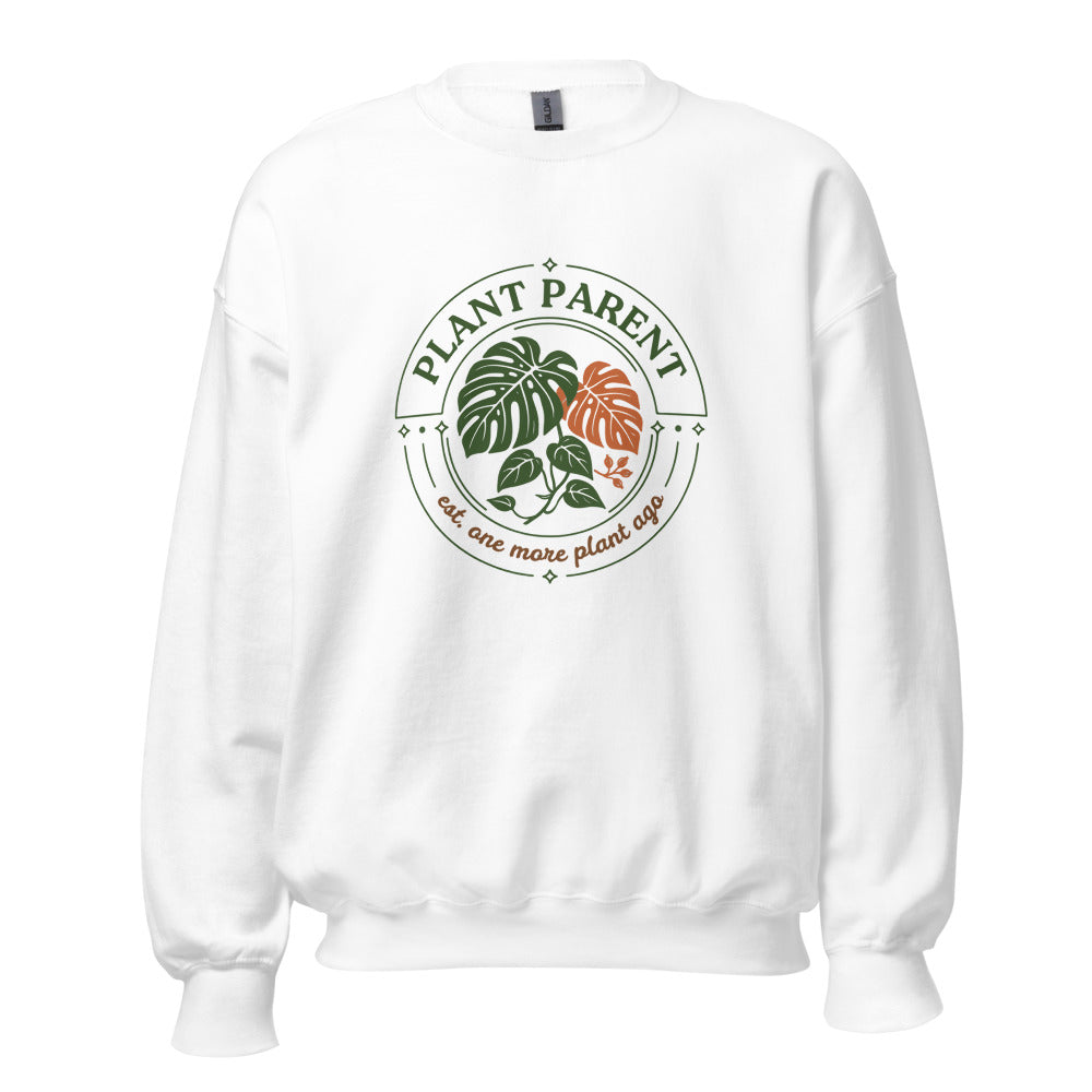 Plant Parent retro botanical badge crewneck sweatshirt — White, front