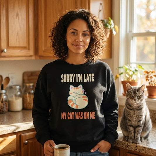 Sorry I'm Late My Cat Was On Me cat mom crewneck — woman in black sweatshirt with grey tabby cat in a cozy kitchen