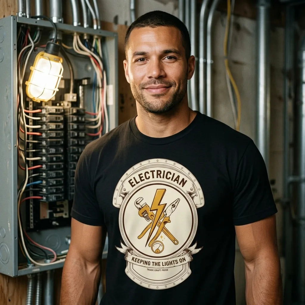 Electrician Journeyman trade crest tee — lifestyle