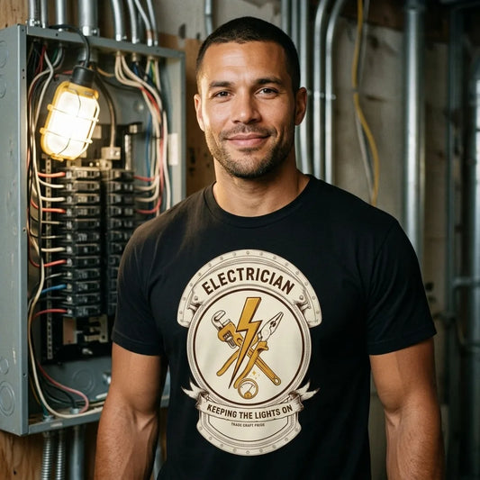 Electrician Journeyman trade crest tee — lifestyle