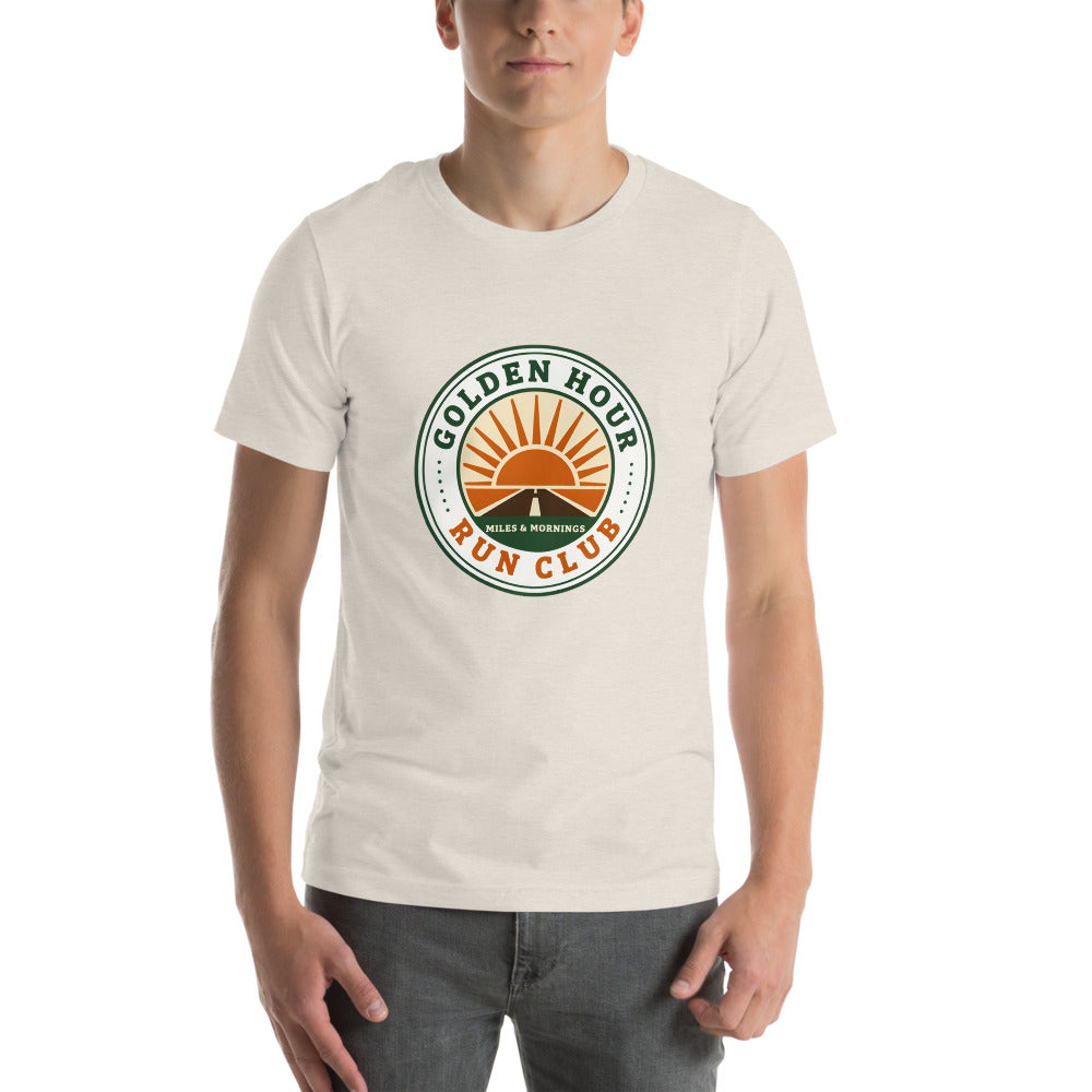Golden Hour Run Club retro running tee — Heather Dust, on model