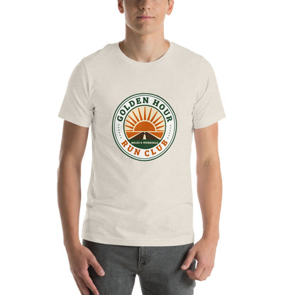 Golden Hour Run Club retro running tee — Heather Dust, on model