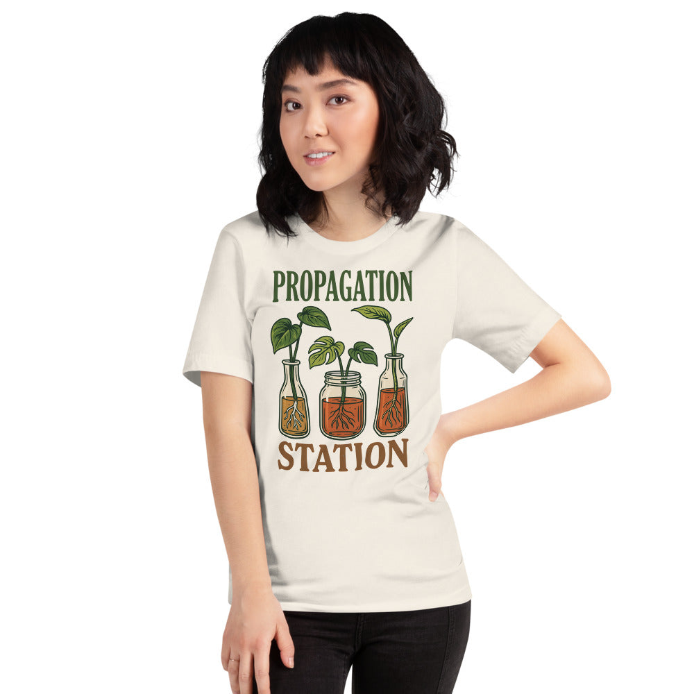 Propagation Station retro botanical plant lover tee — Vintage White, on model
