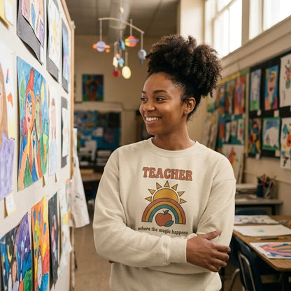 Teacher in a Sand Where The Magic Happens retro groovy crewneck sweatshirt smiling in a colorful school art room