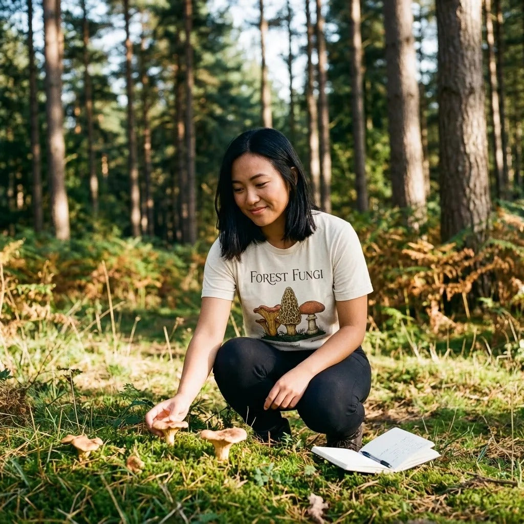 Forest Fungi vintage mushroom field guide tee — lifestyle
