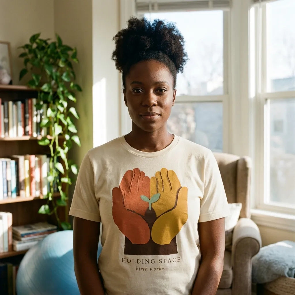 Holding Space birth worker doula t-shirt — lifestyle