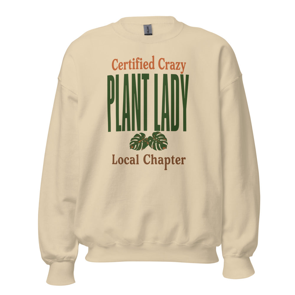 Certified Crazy Plant Lady retro botanical crewneck sweatshirt — Sand, front