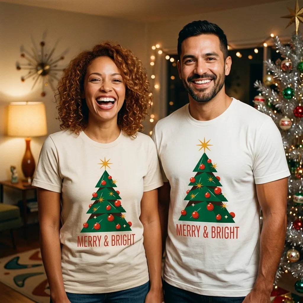 Atomic mid-century retro Christmas tree tee — lifestyle
