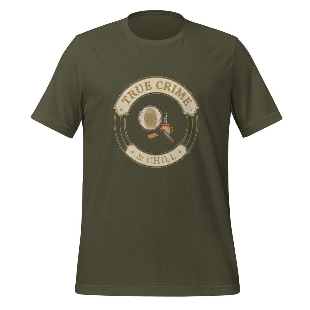 True Crime and Chill vintage case-file badge tee — Military Green, front