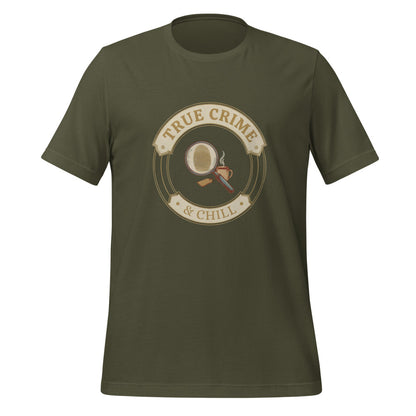 True Crime and Chill vintage case-file badge tee — Military Green, front