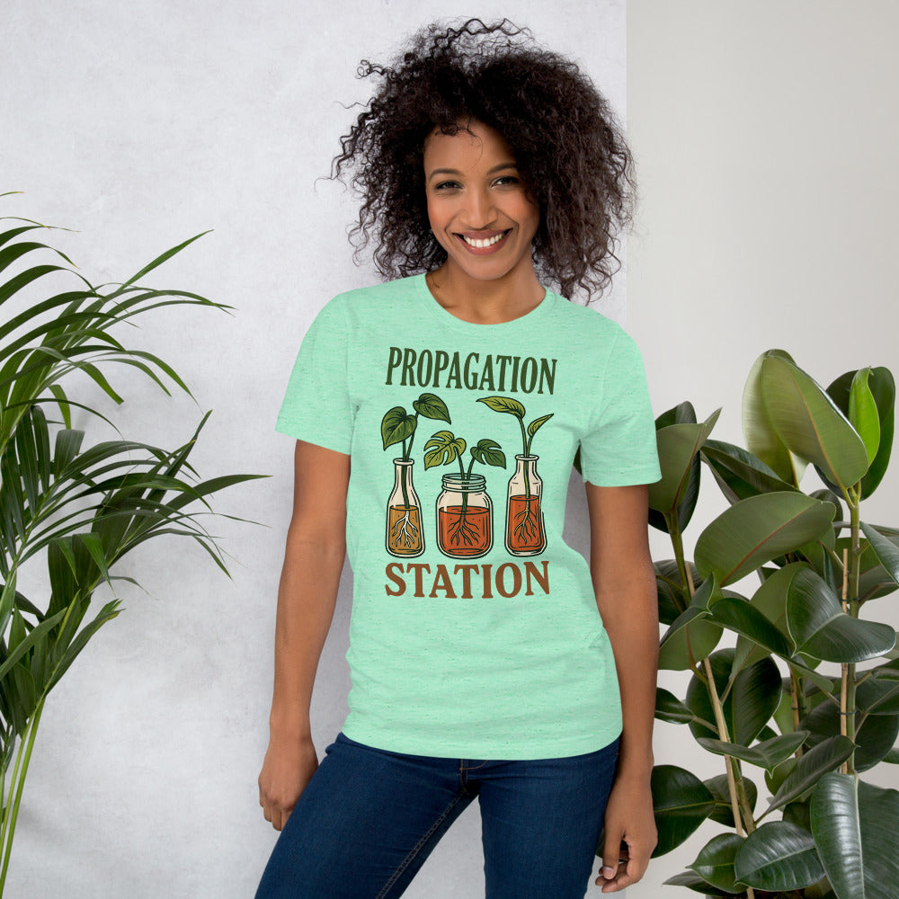 Propagation Station retro botanical plant lover tee — Heather Mint, on model