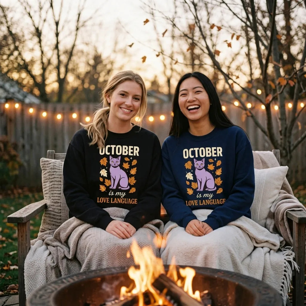 Two women friends around a backyard fire pit at dusk wearing October Is My Love Language retro Halloween black cat crewneck sweatshirts in Black and Navy